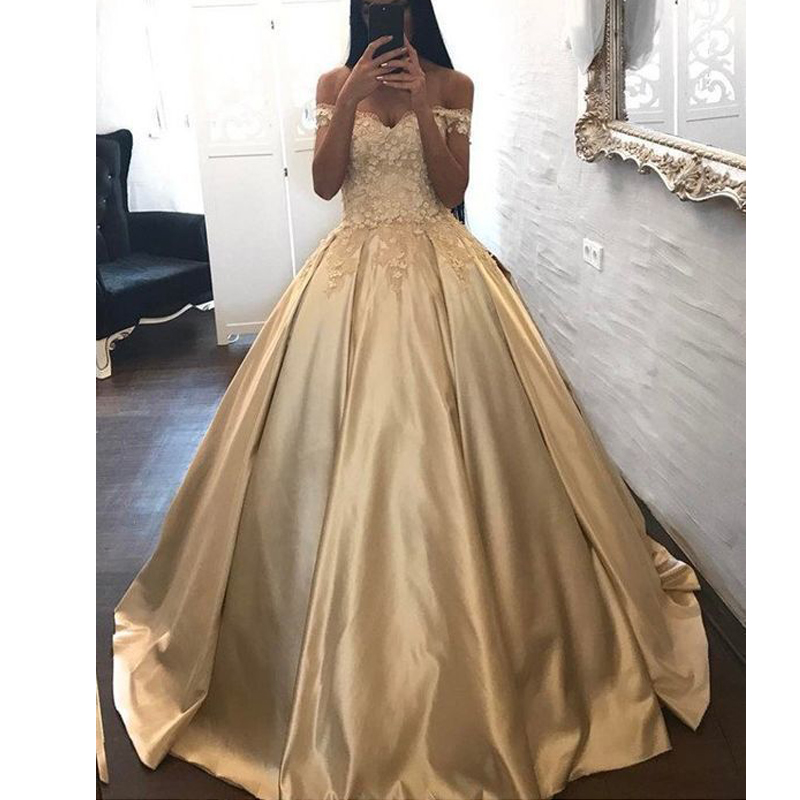 

Gorgeous Princess Ball Gown Prom Dresses Floral Lace Appliques Off Shoulder Evening Dresses Custom Made Vestido Party Formal Gowns, Gold