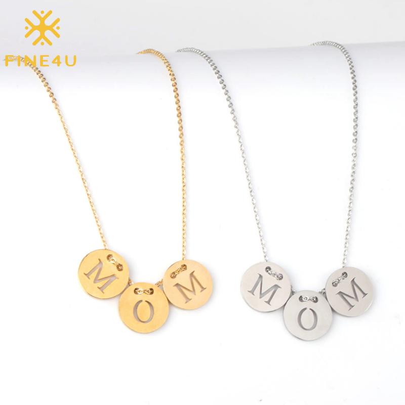 

Pendant Necklaces FINE4U N568 Stainless Steel Round Coin Necklace Hollow Letter MOM For Mother's Day Gift
