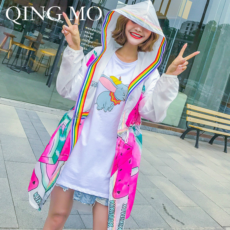 

QING MO Women Watermelon Print Coat Women Summer Sun Proof Coat Lady Full Sleeve Hooded 2019 Fashion ZQY494, As the picture