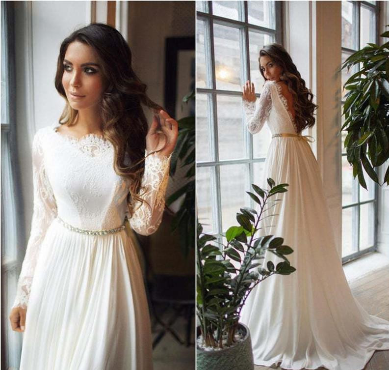 

Cheap Long Sleeves Lace Bateau A-line Chiffon Beach Wedding Dresses Eleagnt Open Back Beach Bohemain Appliques Wedding Bridal Gowns, Lavender