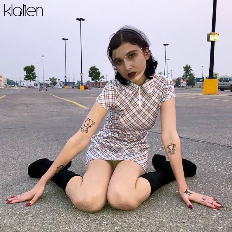 

KLALIEN casual high street short sleeve plaid mini women dress high waist slim fashion bodycon dress summer new style hot sale, Blue