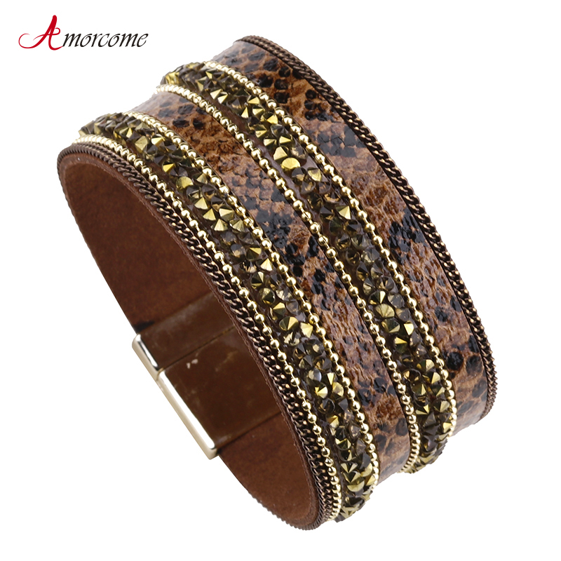 

Amorcome Women Leather Bracelets & Bangles Vintage Bohemian Style Ladies Rhinestone Crystal Wide Female Jewelry