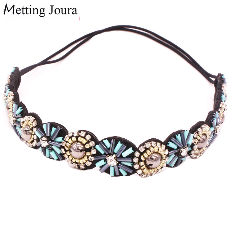 

Metting Joura Vintage Bohemian Ethnic Blue Tube Beads Flower Headband Party Handmade Elastic Rhinestone Hair Band Hair Accessory