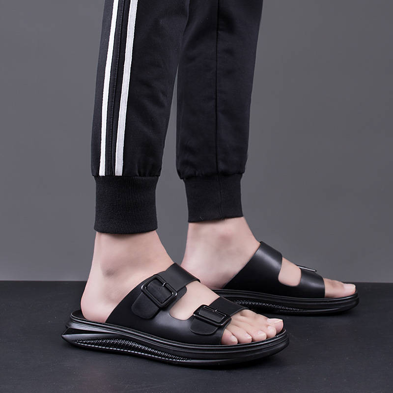 

2020 Summer Sandals Men Leather Shoes Flat Mens Beach Sandals Non-slip Male Summer Holiday Black White Shoes KA2314