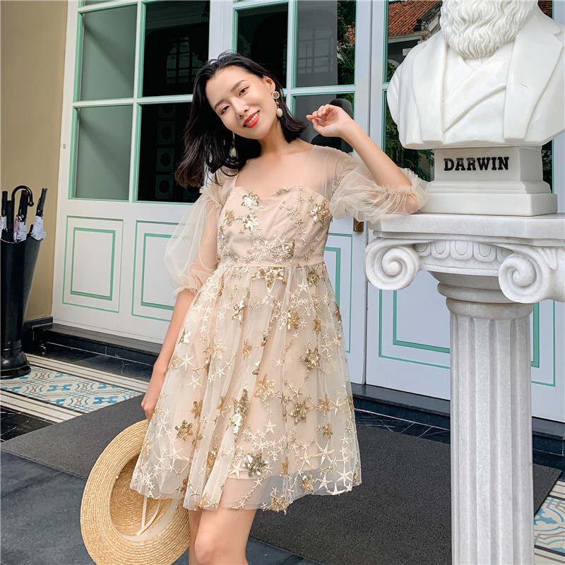 

High Quality Women Evening Dresses Elegant Lace Volie Half Sleeve Vestidos Party Stars Embroidery V-neck Mine Girls Dresses, Xaq622