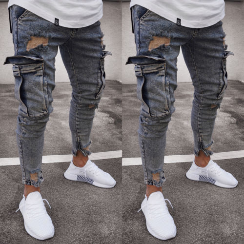Men's Jeans Fashion Ripped Skinny Biker Frayed Slim Fit Long Denim Pants Hole