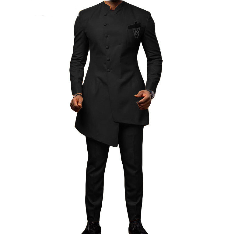 Custom Made Black Stand Collar Mens Suits Serge Wedding Groom Suits terno masculino Prom Suits Slim Fit Two Pieces Jacket+Pant
