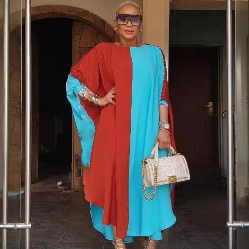 

2020 Summer Fashion New Arrival African Dashiki O-Neck Bat Sleeve Contrast Color Long Maxi Dress African Women Party Robe Dress