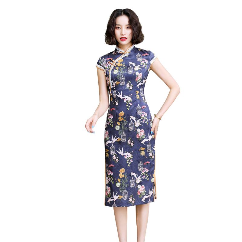 

Shanghai Story Short Sleeve Chinese Dress Faux Silk Cheongsam Knee Length Vintage Qipao with Lining 3 Color