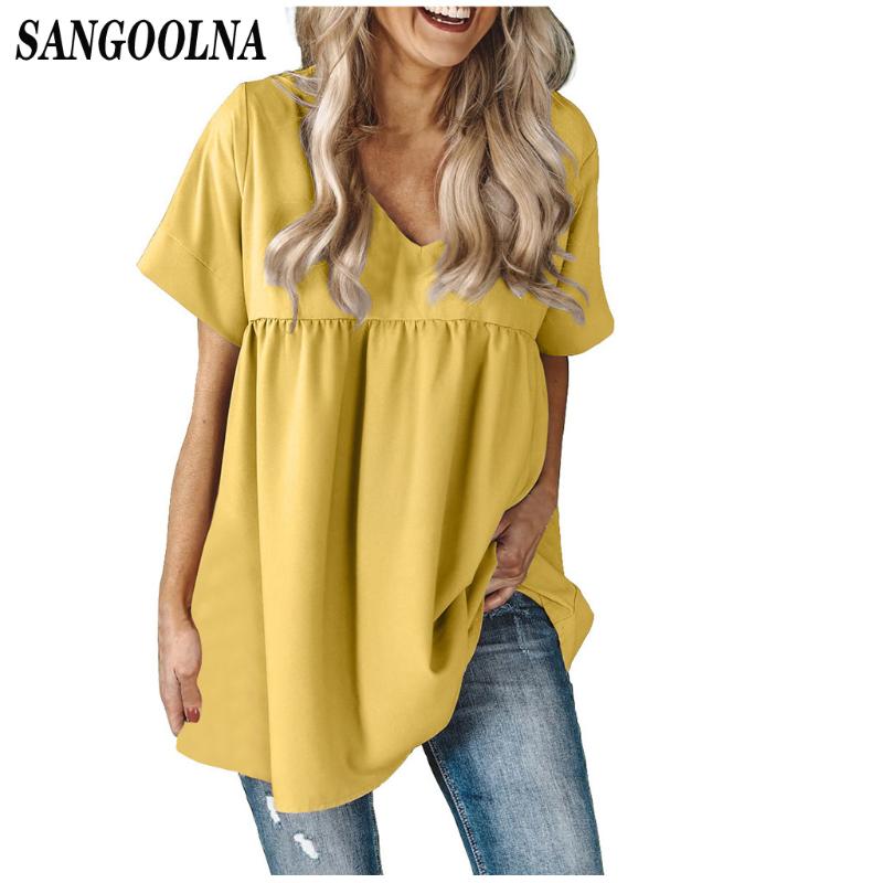 

Casual Blouse Women V Neck White Khaki Black Yellow Light Blue Wine Red Short Sleeve Loose Ruched Shirt Female Fashion Clothing