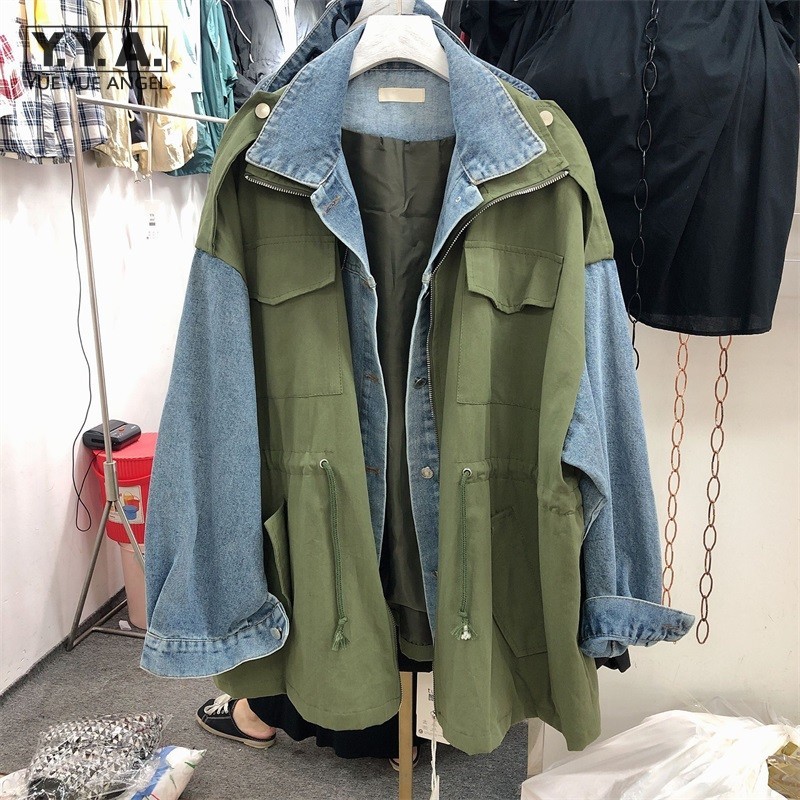

Women Cargo Coat Autumn Casual Loose Fit Drawstring Single Breasted Patchwork Denim Jacket Short Windbreakers Female Outerwear, Black