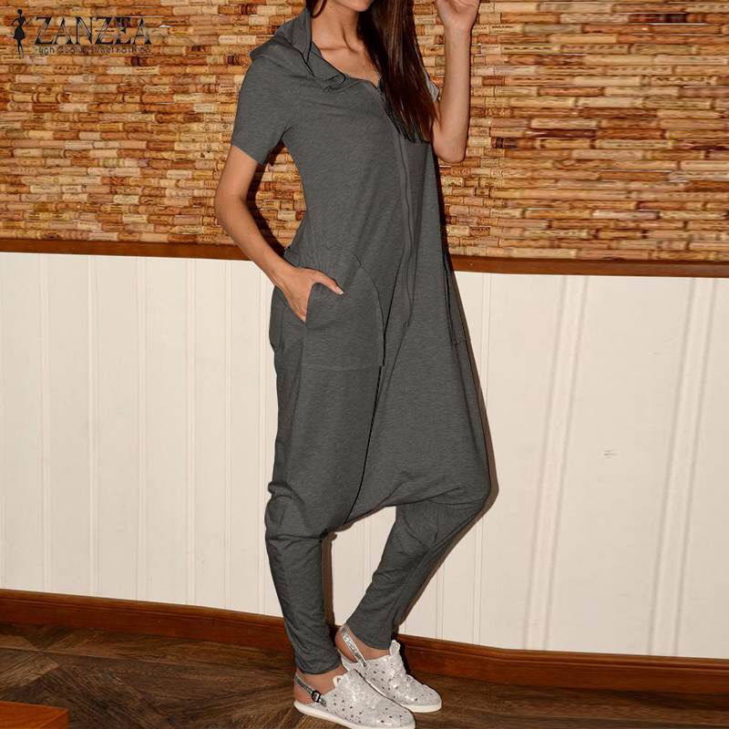 

Summer Overalls Women' Cargo Jumpsuits 2020 ZANZEA Vintage Short Sleeve Hooded Playsuits Casual Rompers Fashion Plus Size Pants, Black