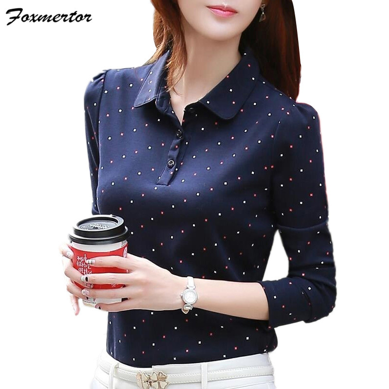 

100% Cotton Shirt 2020 Women Long Sleeve Shirt Office Work Wear Lady Spring Fall Dot Top Female Slim Plus Size 3XL 5 Color, Red