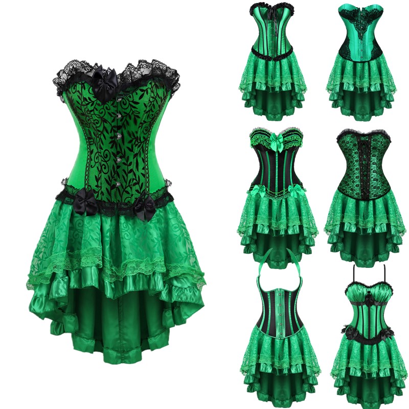 

Women Burlesque Corset Skirt Set Club Party Dancing Outfit Green Overbust Corset with Flocked Hi-lo Skirt Plus Size S- Corset Dress, Green 1