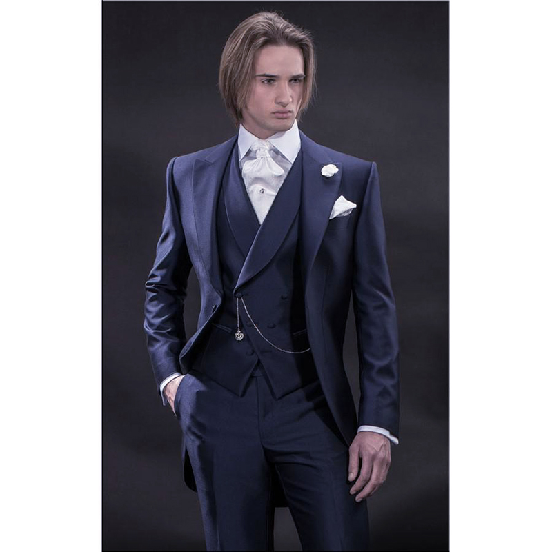 

2020 New Design Morning style Navy Blue Groom Tuxedos Groomsmen Men's Wedding Suits Best man Suits (Jacket+Pants+Vest, Custom suit