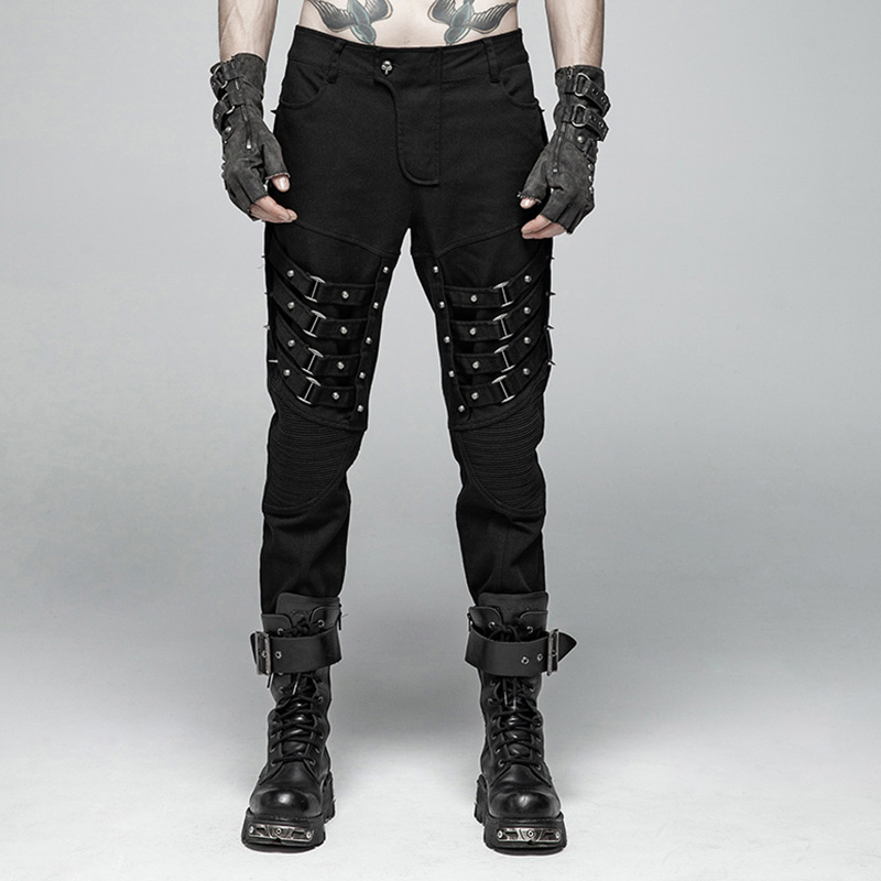 

PUNKRAVE Men' Heavy Metal Punk Trousers Street Style Twill Woven Metal Rivet Handsome Casual Pencil Pants, Black