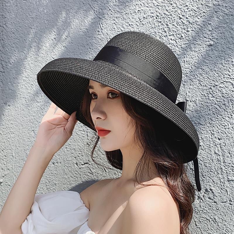 

Retro Hepburn black straw sun hat for women sun protection holiday seaside beach hat female summer big eaves Visor caps, White