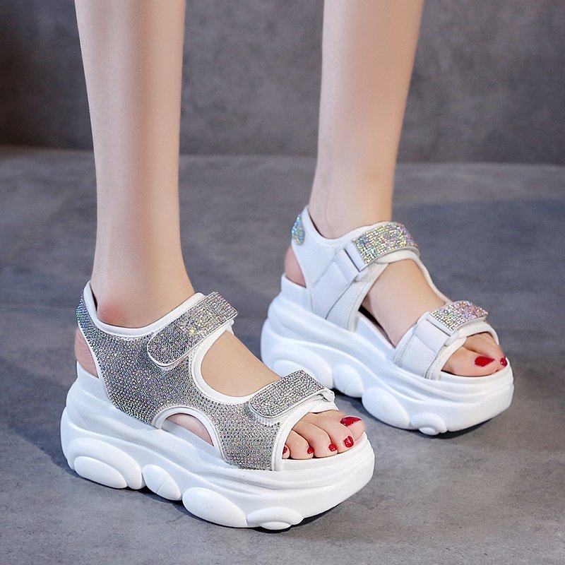 

Lucyever Women New Chunky Platform Crystal Sandals Fashion Open Toe Wedge High Heels Summer Shoes Woman Rhinestone Sandalias, Black