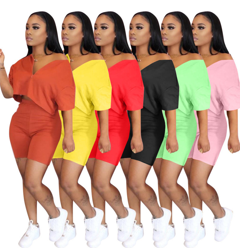 

Summer Shorts Outfits Pink 2 Piece Set Tracksuit Short Sleeve Sportswear Slim Shirt Pant Sport Suits Women Clothing C917-1, Mixed color or remark