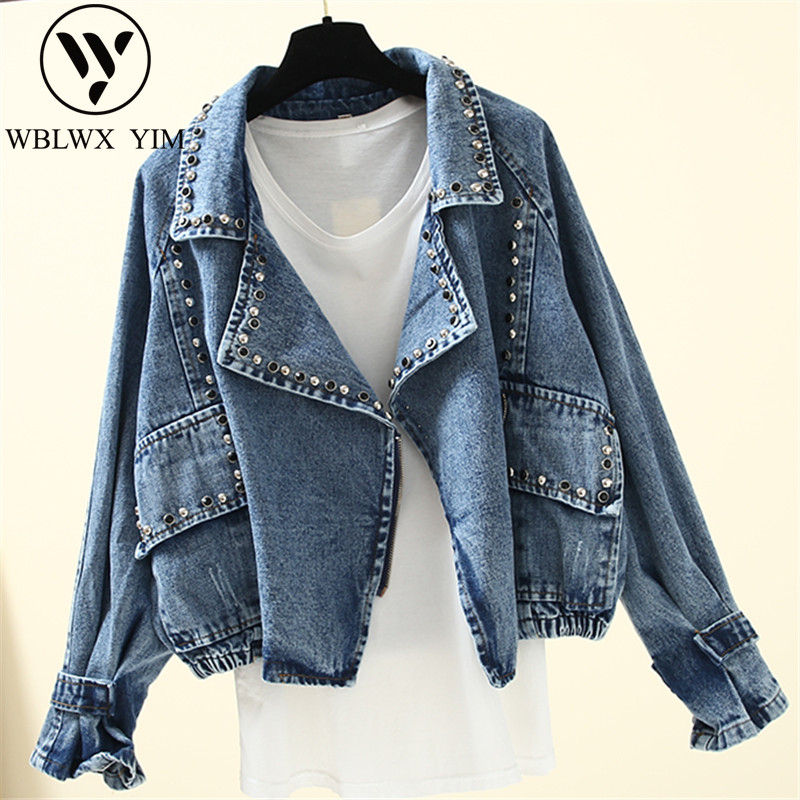 

Harajuku Denim Jacket Women Fashion Zipper Rivets Motorcycle Jeans Jacket Women Street Casual Jackets Loose Plus size Jeans Coat, Blue