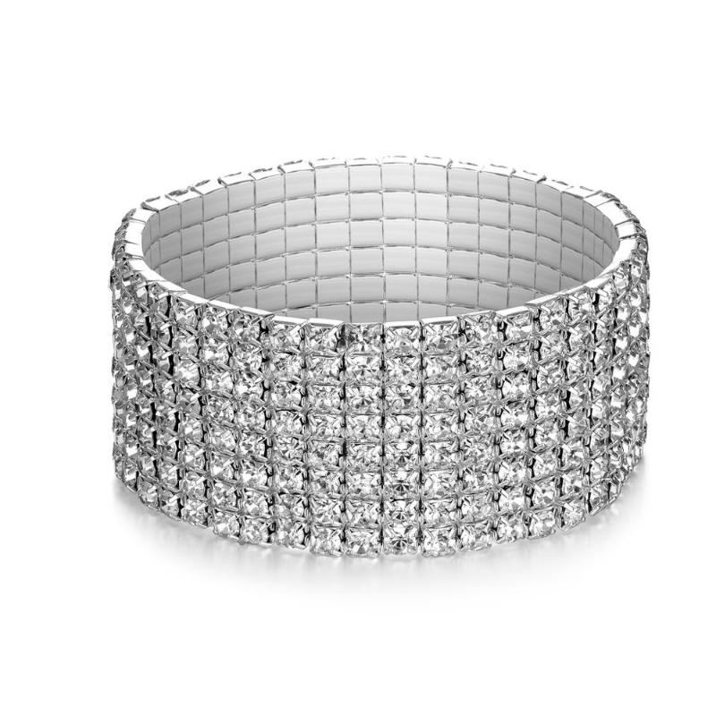Multi FILA 6 Cristal Plata Diamante Brazalete Pulsera Elástica Boda Nupcial