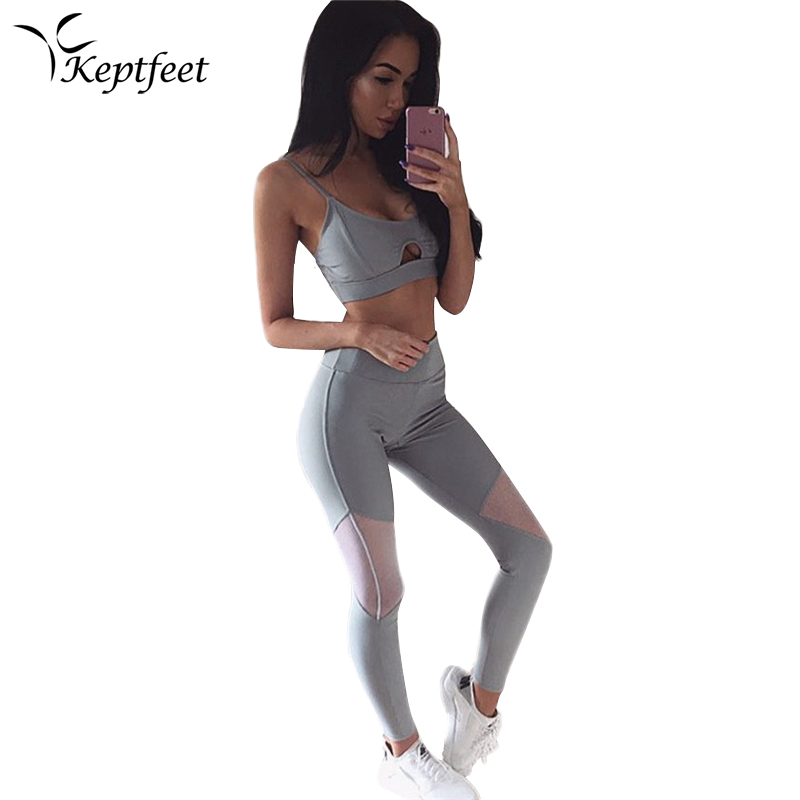 

Sexy Mesh Patchwork Fitness Sportswear Suits 2 pcs Women Yoga Set Spaghetti Straps Vest + Slim Leggings Sports Tracksuits, Gray