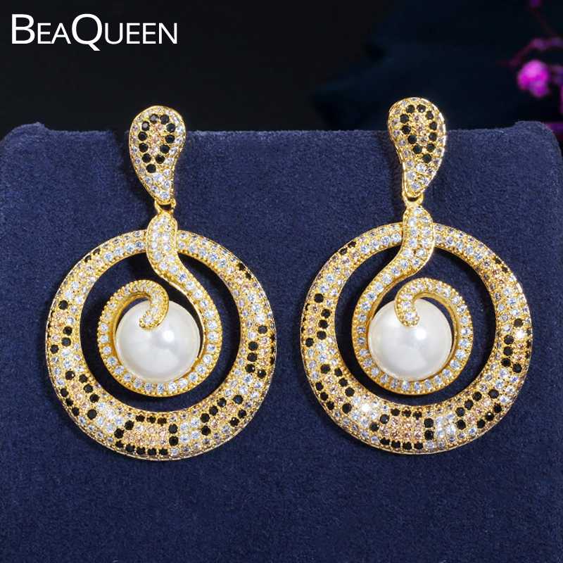 

Dangle & Chandelier BeaQueen Unqiue Slim Snake Design Cubic Zircon Micro Paved Big Round Drop Pearl Earrings African Gold Jewelry E0368