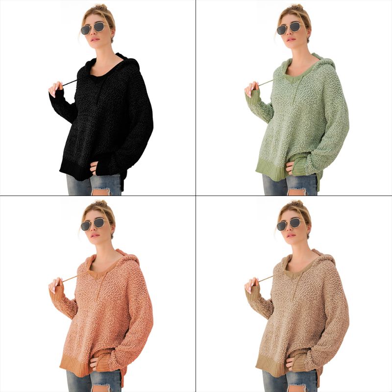 

Women Long Sleeves Drawstring Hooded Sweaters Fluffy Plush Casual Loose Pullover Tops Knitted High Low Asymmetric Sweaters, Black