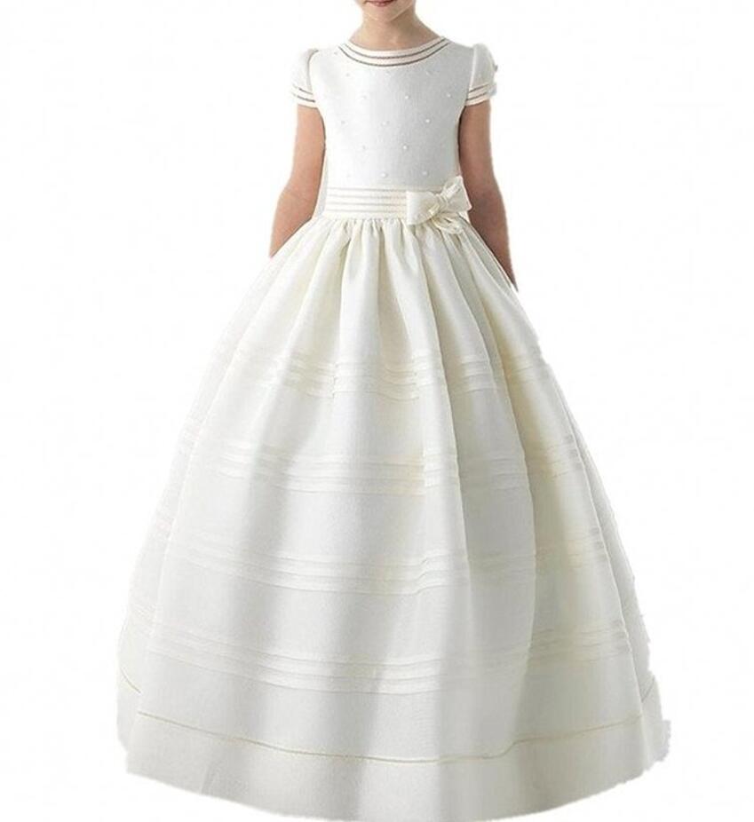 

Ivory Satin Beading Pearls Flower Girls Dresses With Short Sleeves Infant Little Kids Pageant Dress Bow Sash Children Wedding Birthday Dress, Royal blue