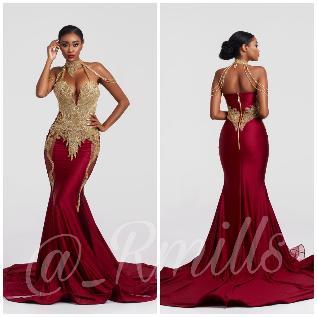 

2020 Sexy Burgundy Sleeveless Tassel Mermaid Prom Dresses High Neck GOld Lace Applique Embroidery Evening Gowns Backless Party Dress, Daffodil