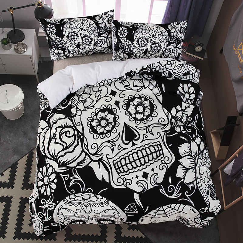 

3 pieces American and European Style Skull Print Bedding Set One Duvet Cover and two Pillow Covers Six sizes Bed Covers Home Textiles GC 017, As picture
