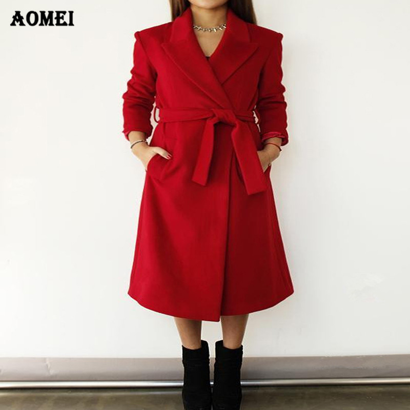 

Autumn Winter 2019 New Fashion Women' Wool Coat with Waistband Plus Size 3XL Outcoat Red Black Elegant Wool Long Tops Outwear