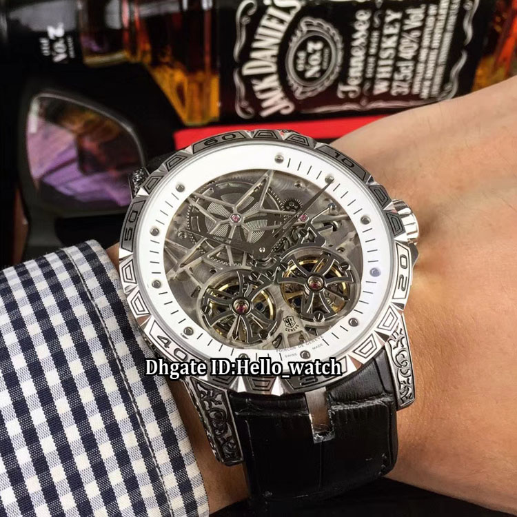 

Excalibur 45 Double Tourbillon White Dial Skeleton RDDBEX0281 Automatic Mens Watch Carved Pattern Case Leather Strap New Watches hello_watch, Rd-a08a