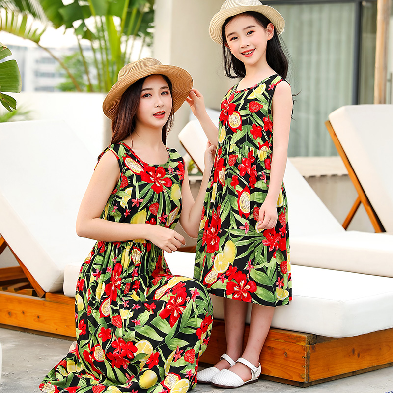 Flower Sleeveless Mother Daughter Matching Dresses Beach Mommy and Me Clothes Family Look Mom Mum Baby Women Girls Dress Outfits