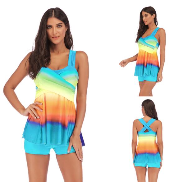 

Top cheap big Fat plus conservative slim Digital Print Swimwear double shoulder strap skirt split flat angle gradient mesh Bikinis sets