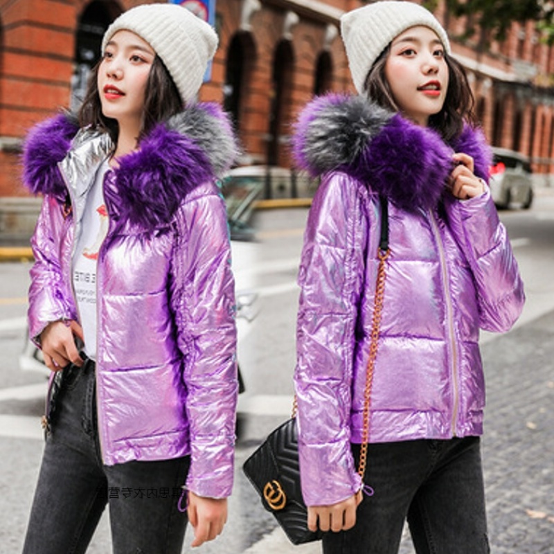 

Wholesale new women's models on both sides wearing glossy large fur collar short section winter thick down cotton jacket, Army green