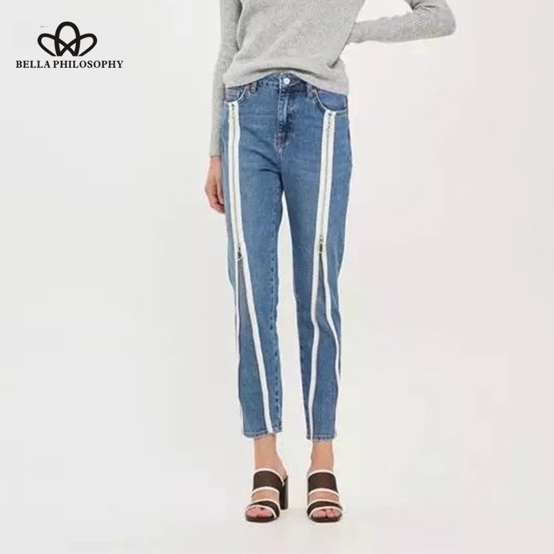 

Philosophy summer casual skinny denim zipper panelled pencil pants highstreet patchwork fashion slim jeans blue bottoms