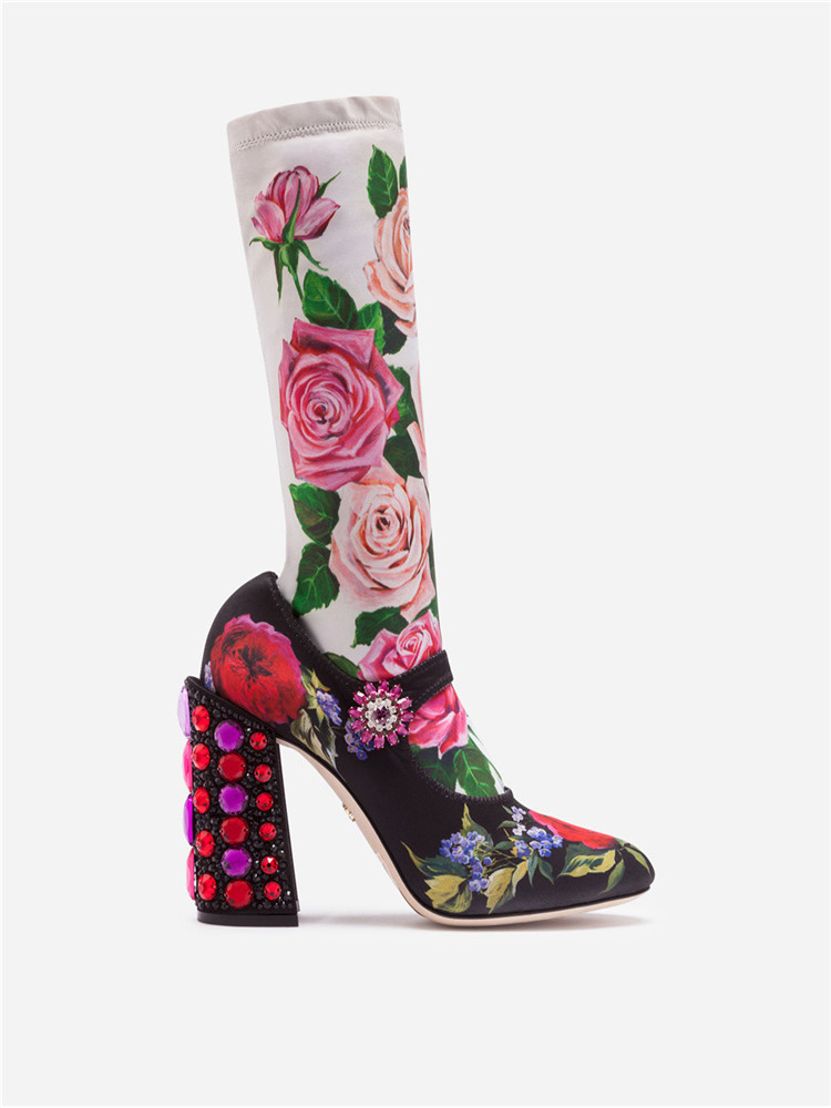 

Free shipping 2019 Ladies leather diamond Pearl Chunky high heel Round toes Buckle Strap SANDALS SHOES half boots booties Print flowers 02, Black
