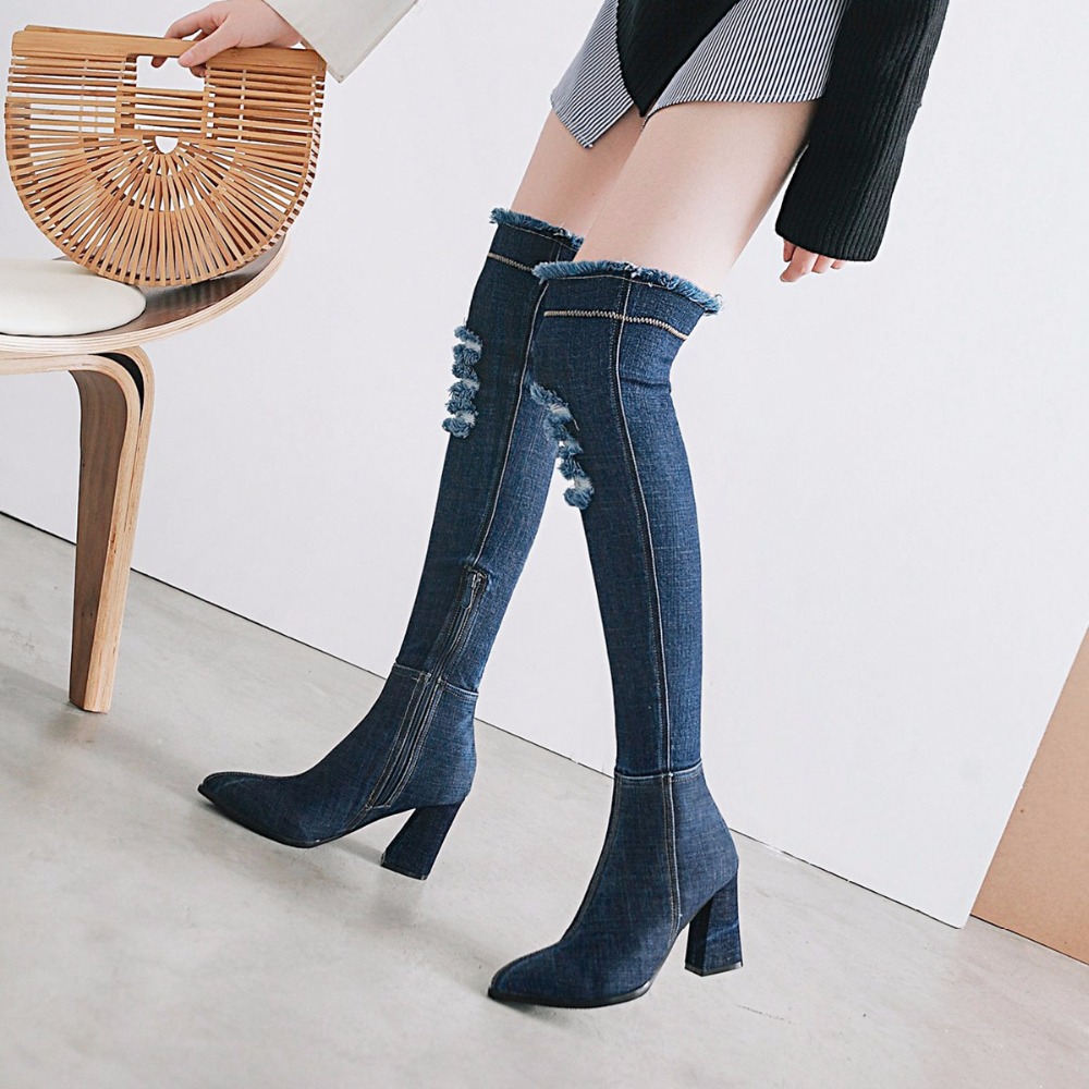 Women Boots Over The Knee Plus Size High Square Heels Female Pumps Office Fashion Booties