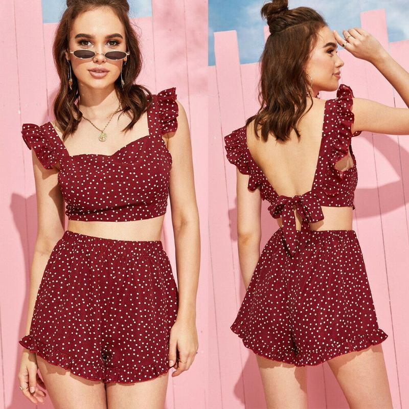 

Women 2Pcs Crop Ruffle BandageTop Tank Short Pants Polka Dot Set Boho Sleeveless Party Trousers Point Backless Beachwear