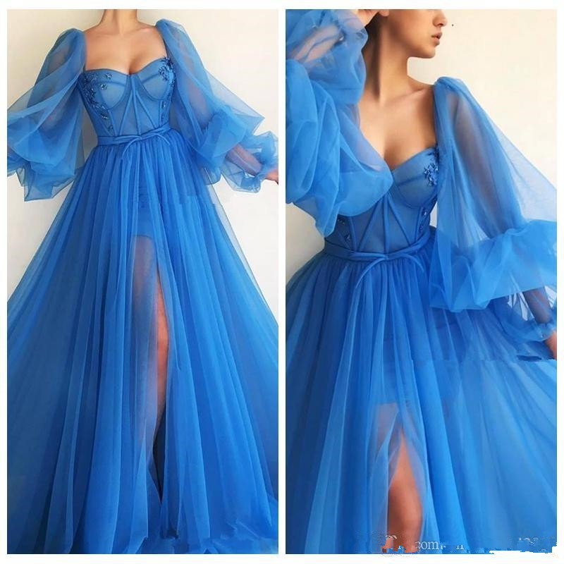

Long Sleeves 2020 A-Line Split Side Prom Dresses Tulle New Design Long Women Evening Party Gowns Special Occasion Party Gowns Plus Size, Black