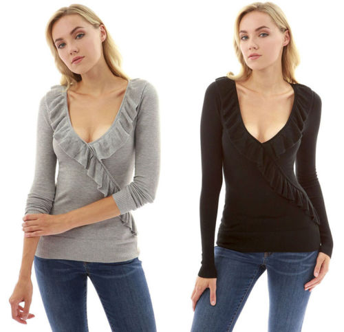 

Retro 2018 Hot Sexy Women Ruffles T Shirt V Neck Long Sleeve Button Tee Ladies Casual Slim Tops, Gray