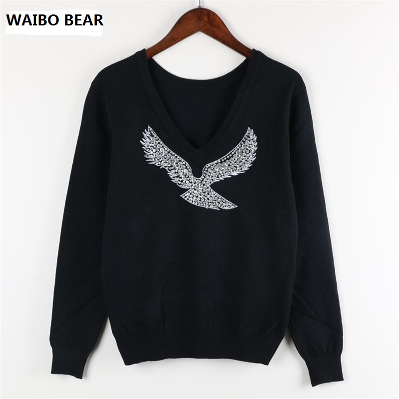 

Spring New 2018 Fashion Women Sweaters Full Sleeve V-Neck Beaded Diamond Pullover women Computer knitted sweater Size -XL, Beige