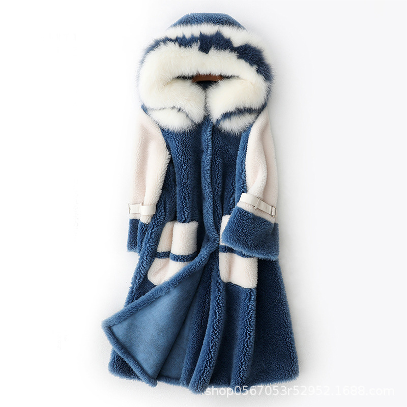 

Real Fur Coat Women Sheep Shearling Winter Coat Korean Warm Jacket Fur Collar Hooded Abrigos Mujer Invierno 2020 896009, Dark blue