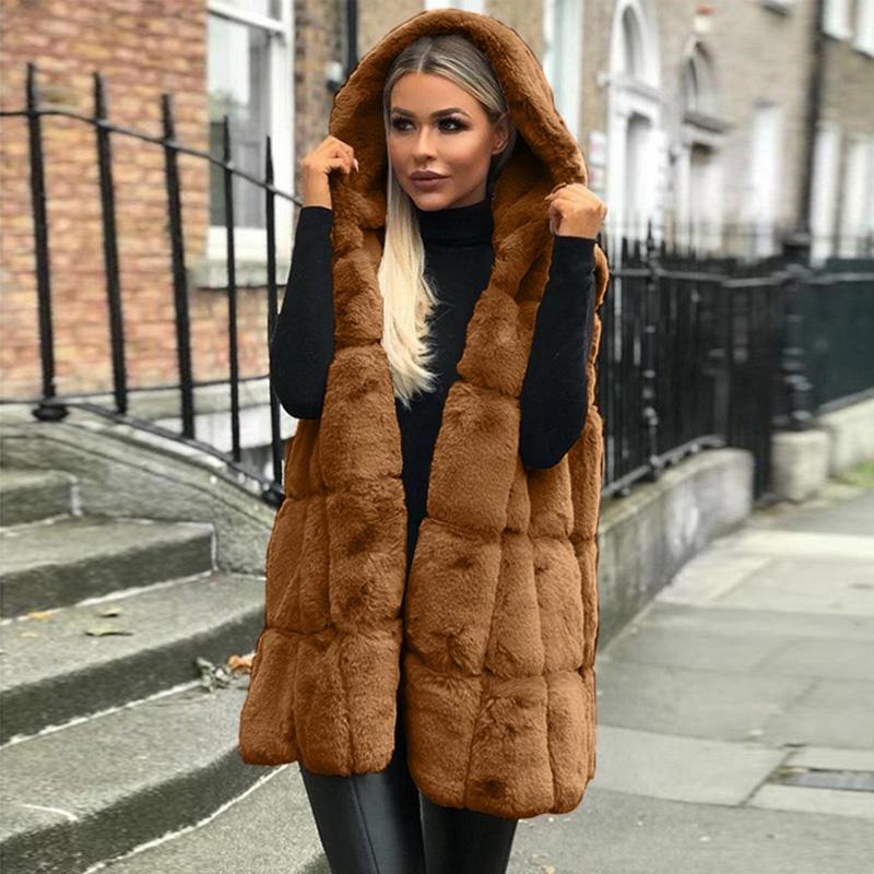 

New Women Long Loose Vest Gilet Outwear Warm Faux Fur Waistcoat Winter Outwear Coats, Camel