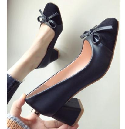

2019 bowknot Suede Women's shoes in Spring and Autumn with New style High heel Coarse heel Square head @154, Black