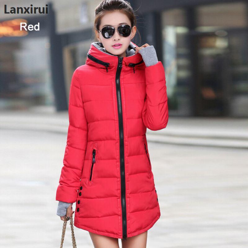

Long Style Warm Women Coats Winter Fashion Down Cotton Parkas Casual Hooded Jacket Thicken Parka Zipper Cotton Slim Outwear, Black