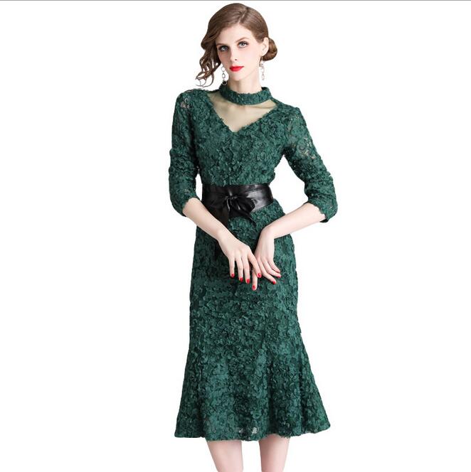 

Green Dress stand collar gauze stitching three-dimensional petal 3/4 sleeved Mermaid skirt evening dress Mid-Calf
