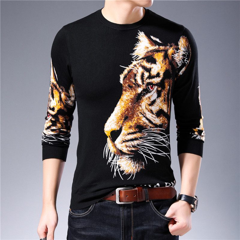 

2020 Spring Tiger Print Sweater Mens Fashion Pullover Erkek Kazak Slim Fit Pull Homme Animal Printed Sweater Mens Chompas Hombre, Yellow