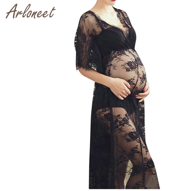 

ARLONEET Pregnant Clothes Women Maternity Dresses V Neck Lace Pregnants Photography Breastfeeding Dress Long Summer Vestidos, Black